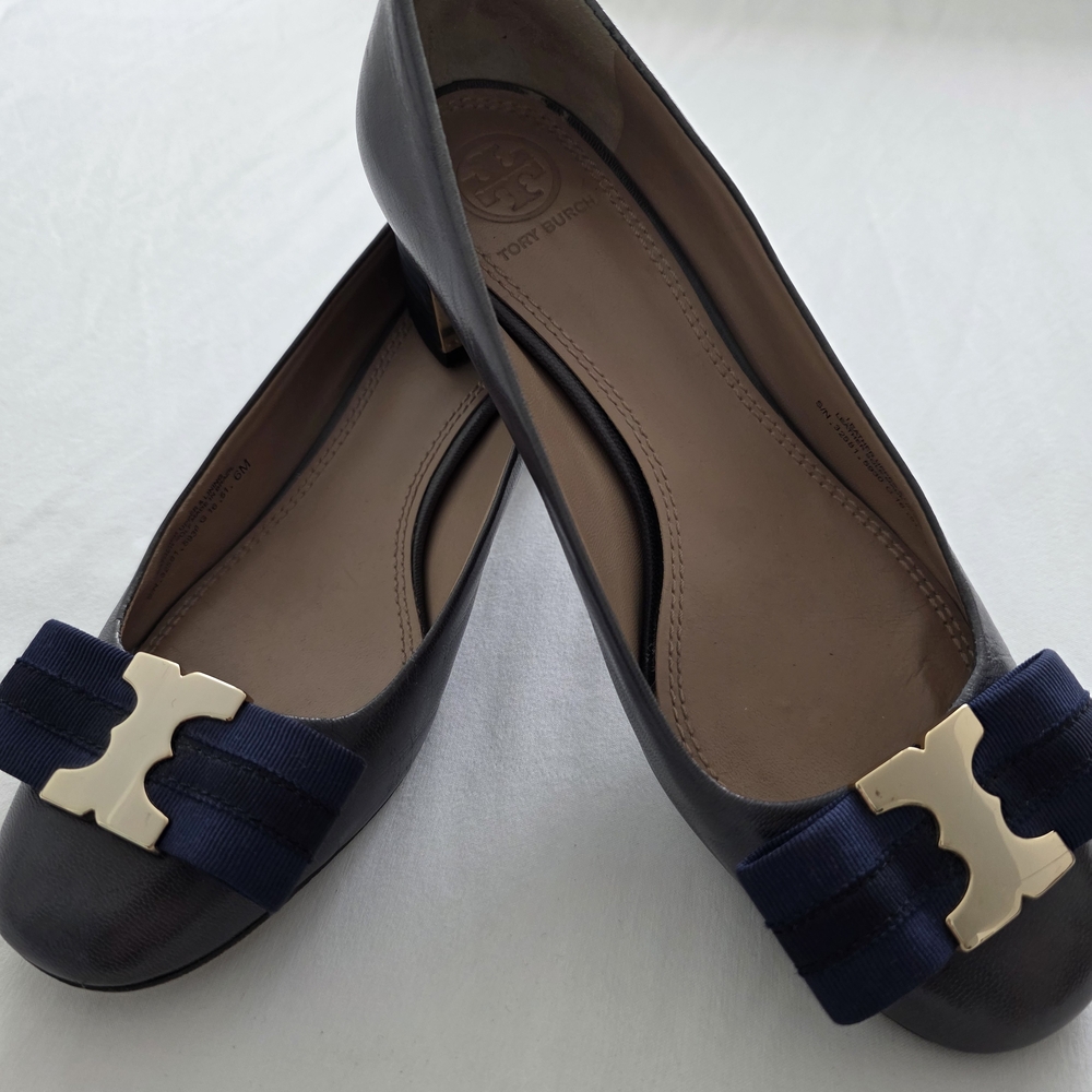 Tory Burch Navy Leather Logo Bow Flats